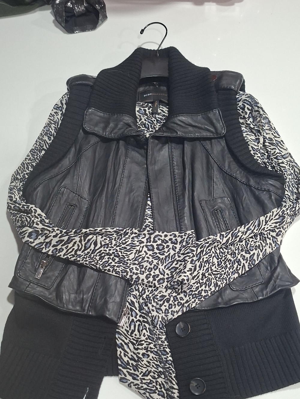 100% Leather Jacket /Shirt Combo BCBGMaxAzria Black Leather and Knit Vest